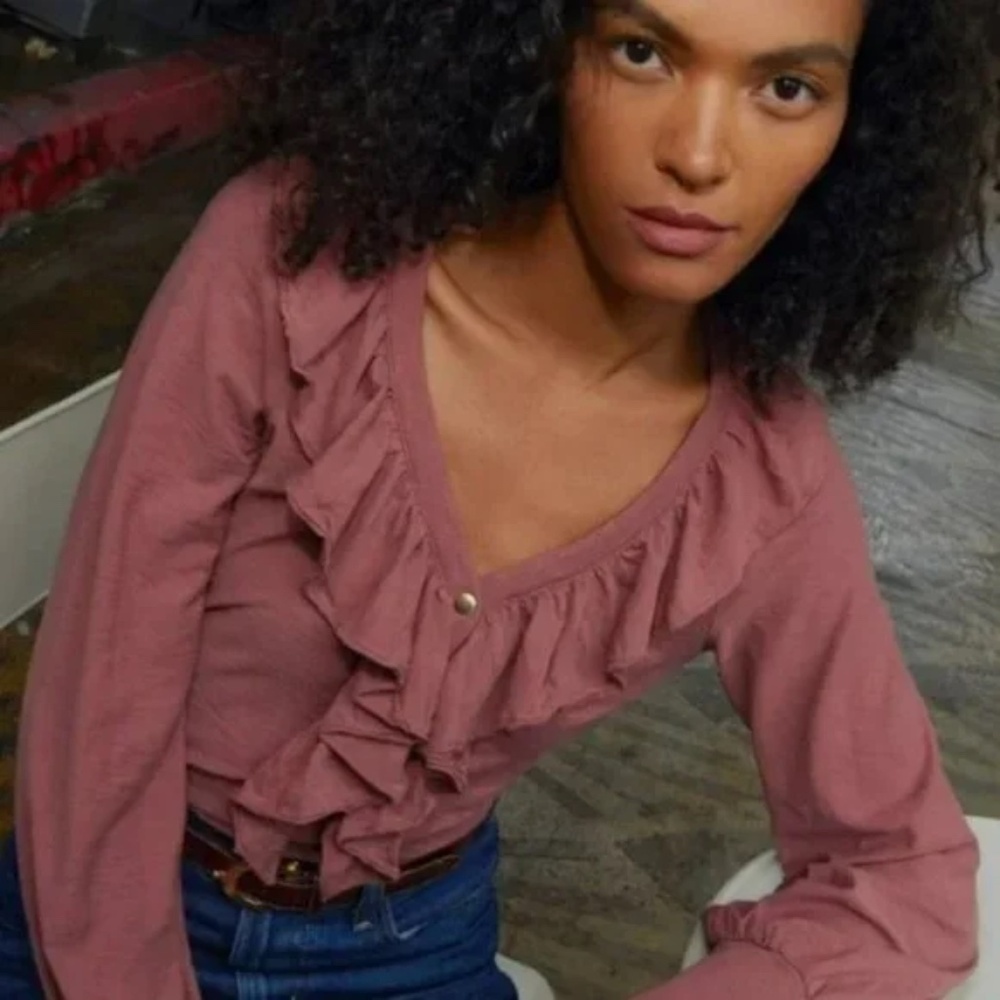 Nation LTD Dusty Rose Ruffle V-Neck Blouse